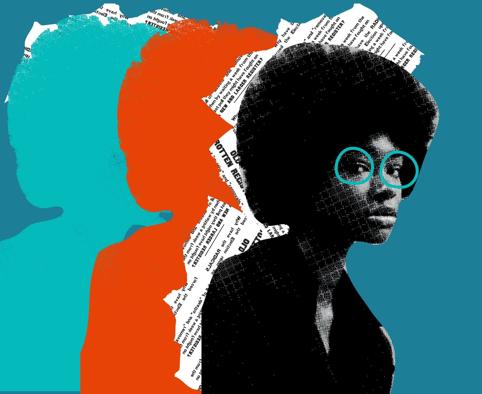 Collage of three silhouetted portraits over newspaper clippings — cover artwork of the project brief