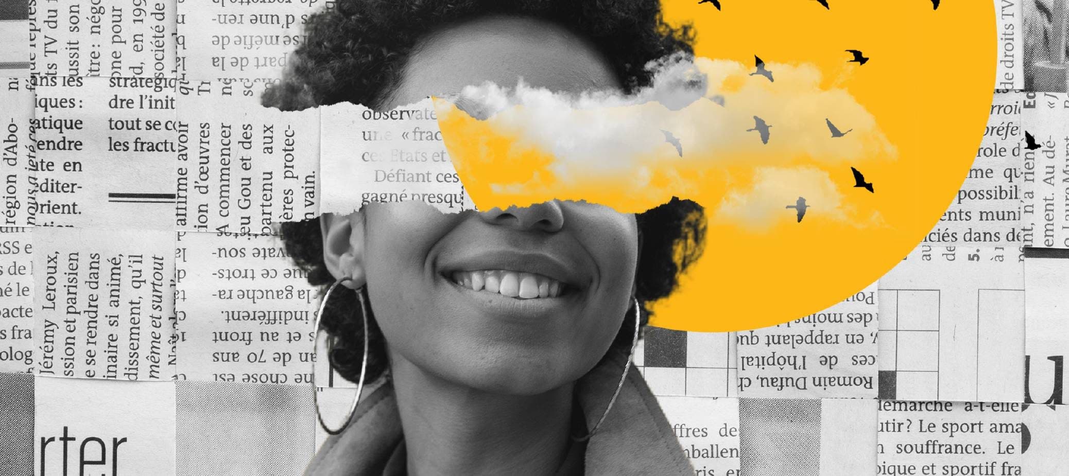 Collage of a smiling woman against newspaper clippings, a yellow sun and birds across her eyes