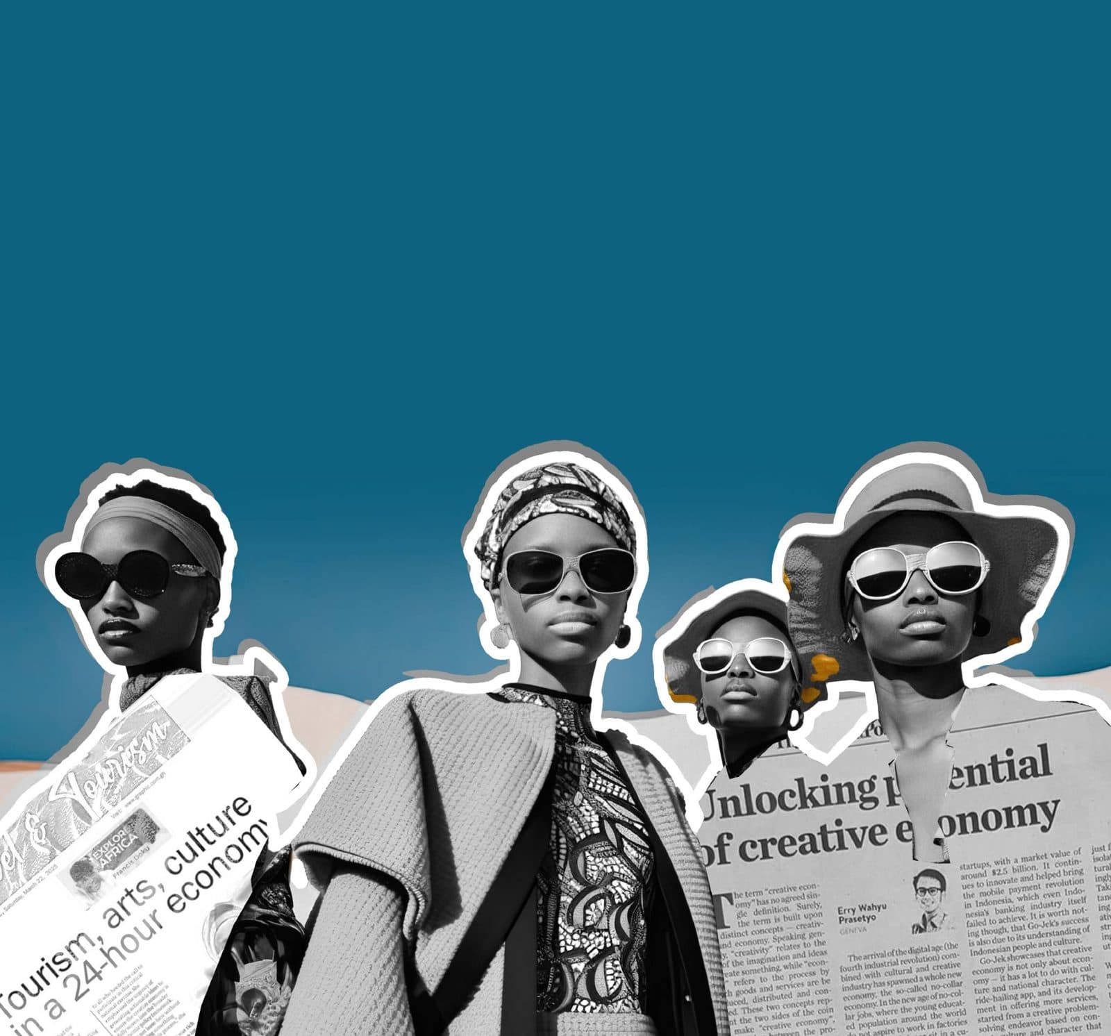 Collage of four creatives in sunglasses holding newspaper cuttings about the creative economy